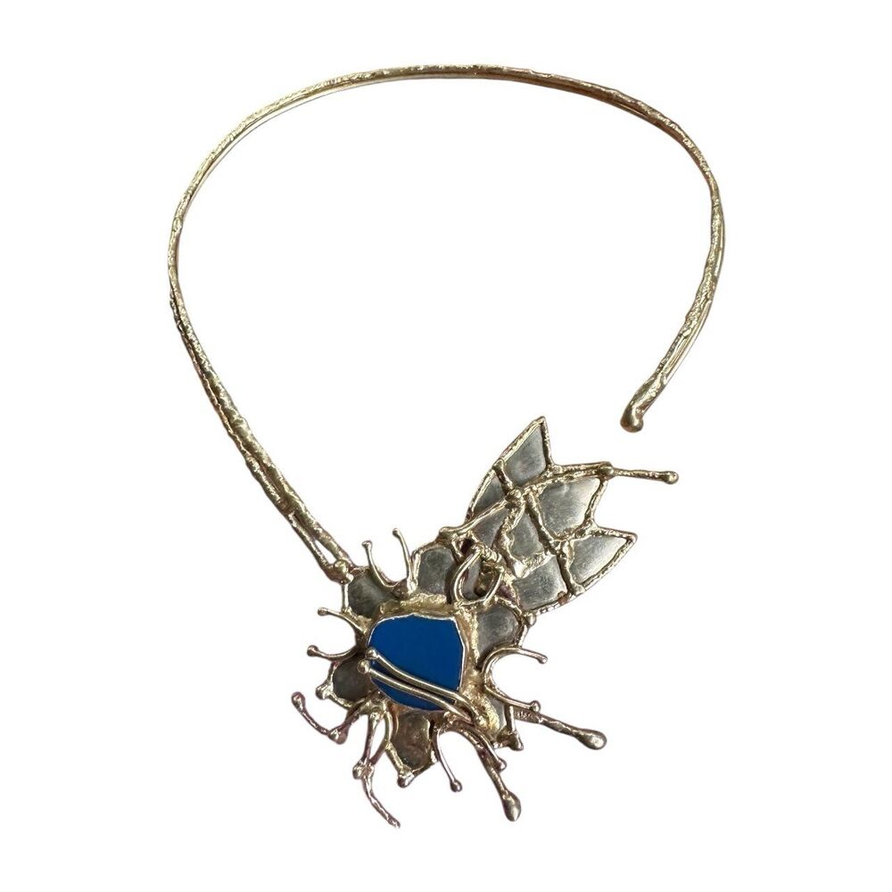 Vintage Liquid Metal Brutalist Choker Necklace with Blue Stone